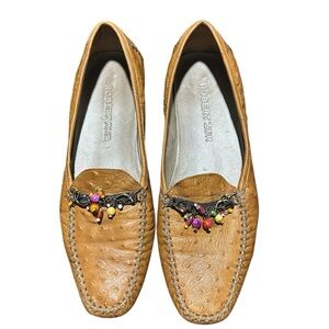 Robert Zur Women’s Tan Embellished Soft Ostrich Leather Driving Loafers - 10AA